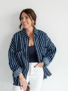 POL Oversized Beer Garden Shacket - Striped Navy Button-Up Shirt